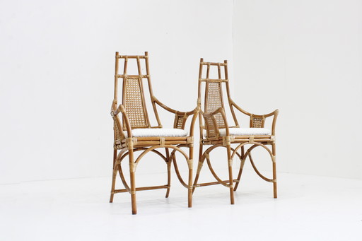 Fauteuils vintage en rotin avec coussins bouclés 1970