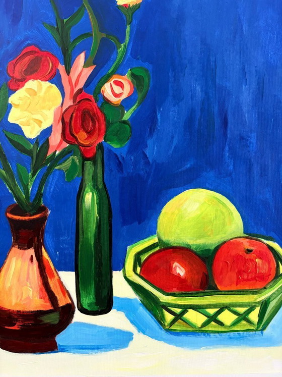 Image 1 of Acrylic painting by the artist E. García "Bodegón con fondo azul" 100x70 cm