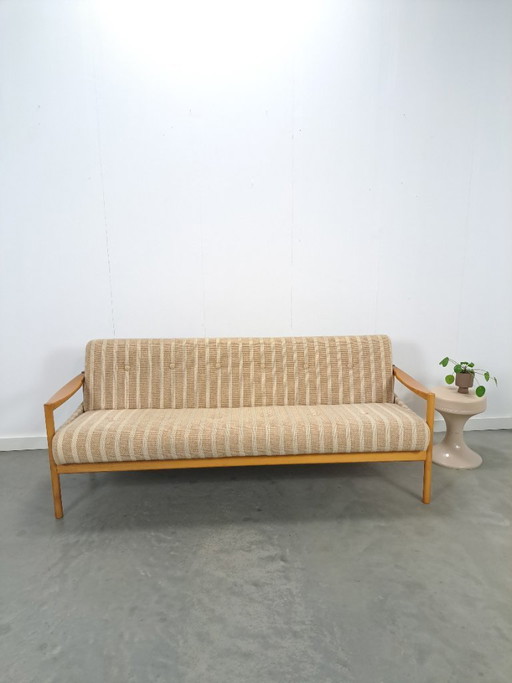 Slaapbank beige gestreept met houten frame