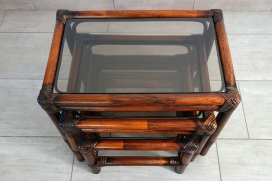 3 Vintage Bamboo and Smoked Glass Nesting Tables, 1960s – Side tables, Rattan (photo 2 of 16)