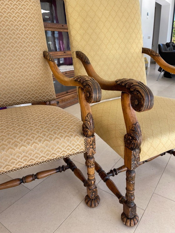 Image 1 of Echtpaar antieke - nieuw bekleedde - leunstoelen