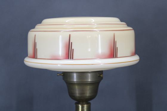 Image 1 of 1940s Restored Brass Table Lamp with Wooden Base and Glass Shade