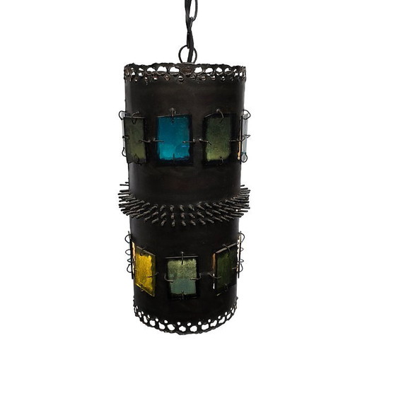 Image 1 of Lampada a sospensione brutalista francese con vetro colorato, anni '70