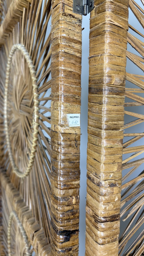 Image 1 of Vintage Sunburst rattan bamboo large folding screen room divider