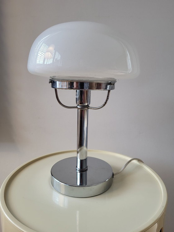 Image 1 of Mushroom lamp, vintage, chrome en mat wit glas