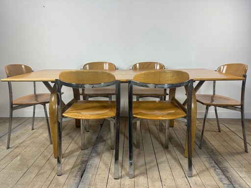 Ensemble Table + 6 chaises en orme et chrome vintage 1980