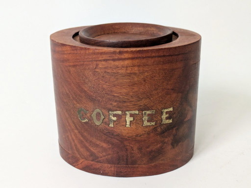 Midcentury Teak Coffee Canister with Brass Inlay Letters, Danish Modern Wooden Storage Jar