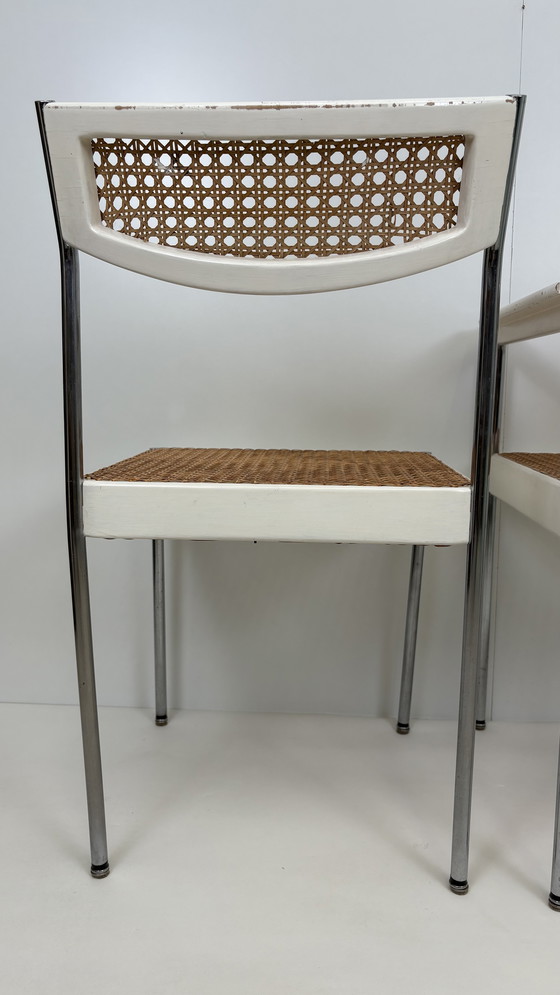 Image 1 of 2 x vintage armchair rattan/webbing chrome tube frame white wood