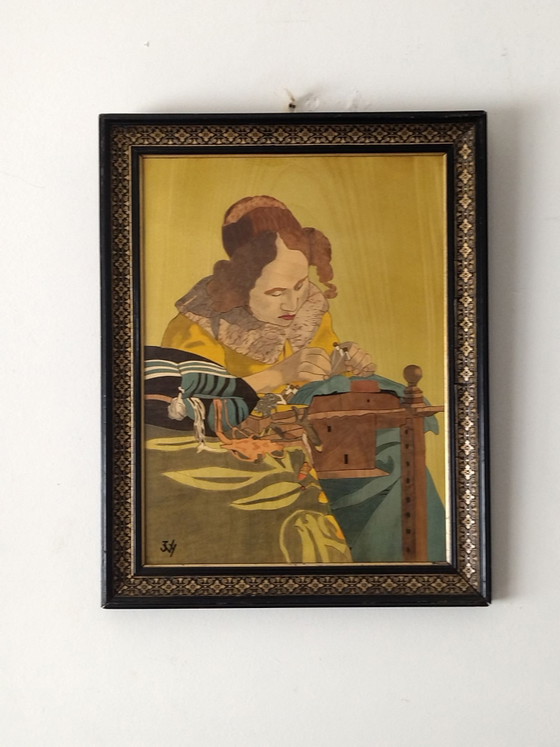 Vintage Wooden Painting The Lacemaker Vermeer 51x40cm, Art, Black (photo 3 of 11)
