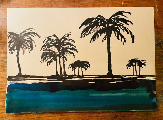 Image 1 of Acuarela bicolor firmada "Crepúsculo en el Nilo"