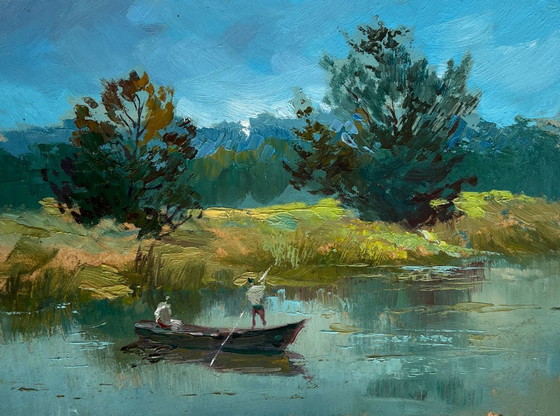 Image 1 of Original Oil Painting Summer Coastal Landscape Two people are sailing on a boat