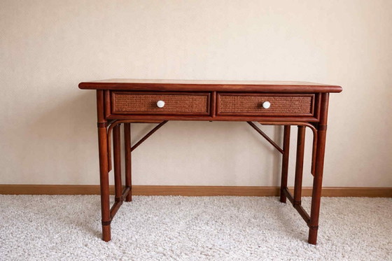 Image 1 of Grand bureau en rotin vintage style Maugrion 1960