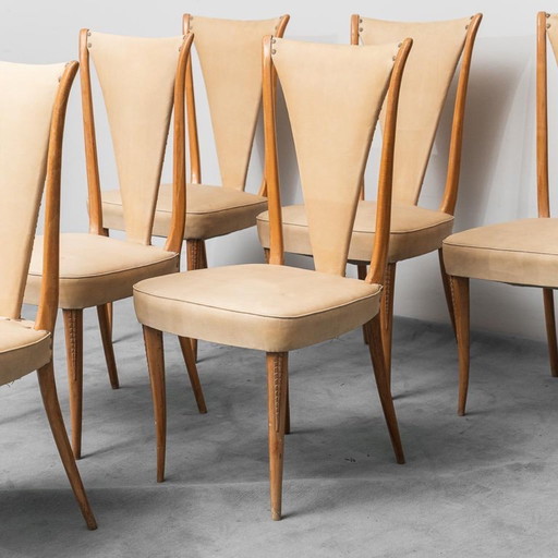 Lot de 6 chaises style Vittorio Dassi Cuir Bois 1950s Vintage Modernate