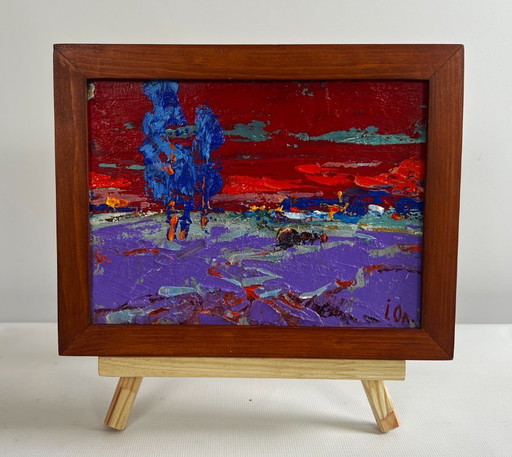 Original Oil Painting Sunset Village Landscape Crimson winter evening