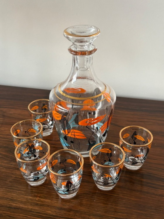 Image 1 of Magnifique ensemble de carafe à liqueur de style atomique des années 1960