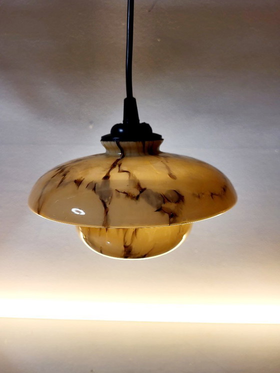 Image 1 of Uran- oder annagrüne Glaspendelleuchte, seltenes Modell, Scailmont, Art déco