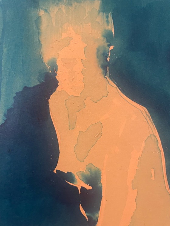 Image 1 of Monochroom blauw aquarel gesigneerd "blauwe dame" de pose