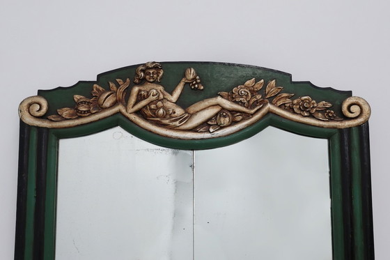 Image 1 of Miroir sculpté vert Art déco français, années 1930