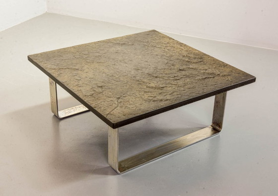 Image 1 of Mid-Century Ardesia Collection Brutalist Square Slate Stone Coffee Table in Pia Manu Style. Belgium, 1960s.