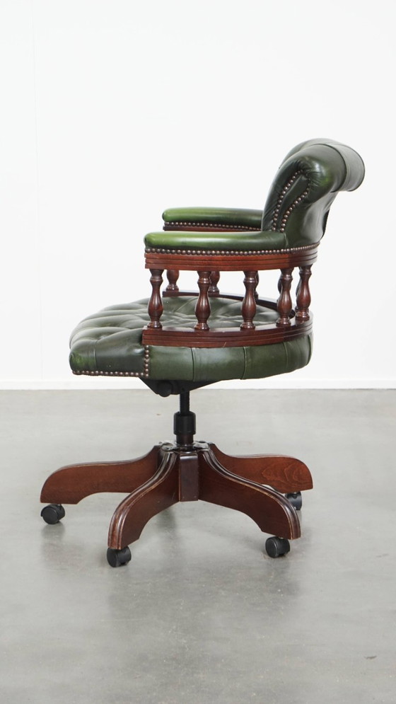 Image 1 of Green Beef Leather and Wood Chesterfield Office Chair