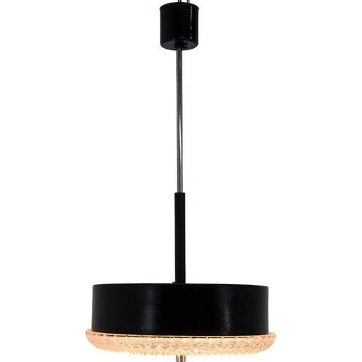 Paar zwart metalen en glazen vintage hanglampen, Tsjechoslowakije 1960