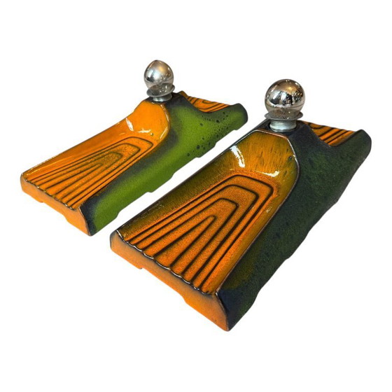 Image 1 of Vintage Set of Ceramic Wall Lamps Light Orange & Green Hustadt Leuchten, Germany 1960