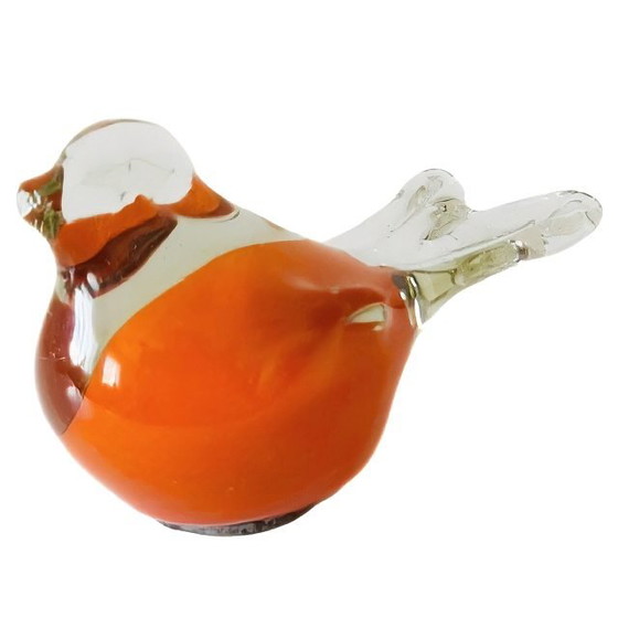 Image 1 of Presse-papier en verre soufflé à la bouche, petit oiseau de style Murano, figurine d'oiseau orange des années 1980