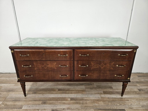Vintage eiken ladekast met zes laden en glazen blad, 1960 – ladekasten, Wood