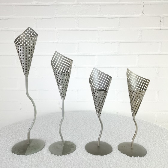Image 1 of 4x vintage candlestick Memphis Milano gray metal 80s
