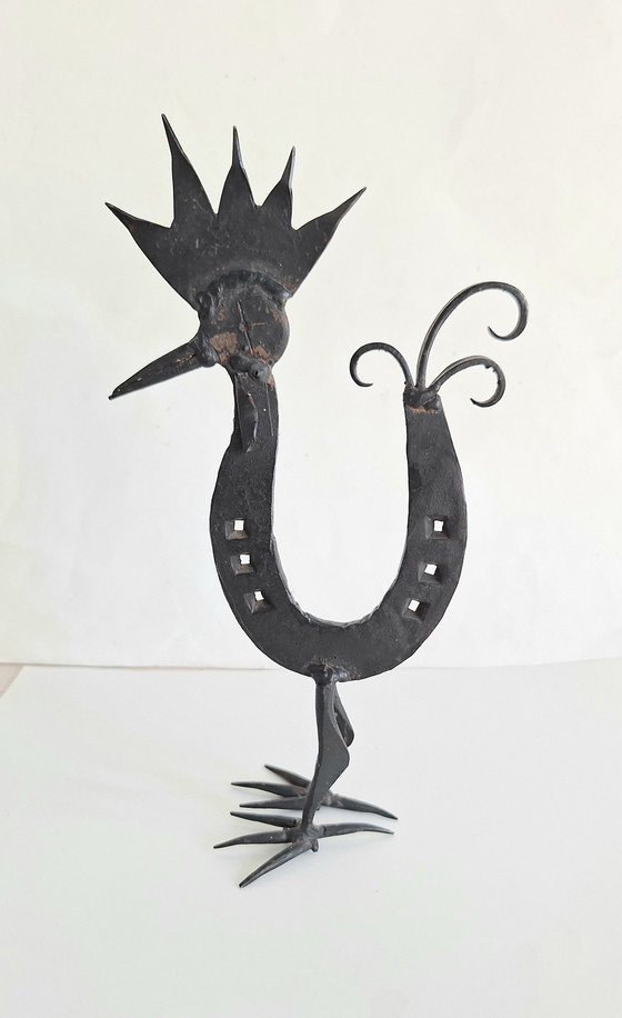 Image 1 of Marolles-style folk art stylized rooster figure from a horseshoe. Vintage 1950-1960.