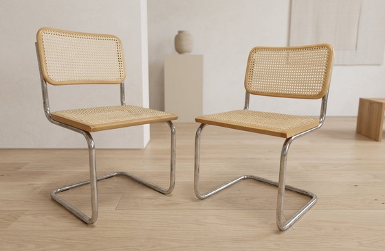 Image 1 of Pair of Cesca Chairs, Bauhaus Chrome & Rattan Dining Chairs by Marcel Breuer, Mid Century Modern, 20th Century