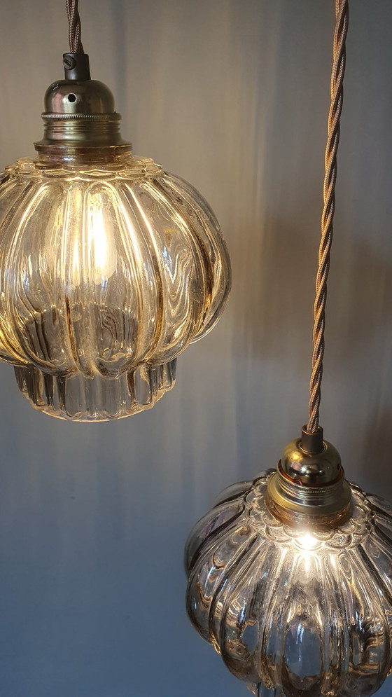 Image 1 of Set of two vintage floral pendant lamps in lantern shape. Mid Century
