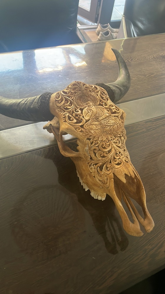 Image 1 of Buffalo skull with Buddha engraving