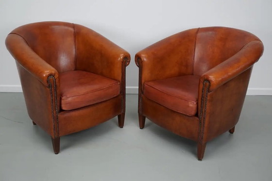 Image 1 of Vintage Nederlandse cognackleurige leren clubfauteuils, set van 2