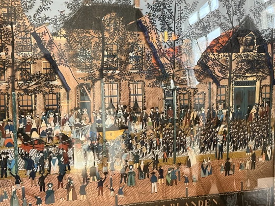 Image 1 of "Doortogt van Koning Willem II door Purmerend"; Knipselkunst schilderij uit de 19e eeuw