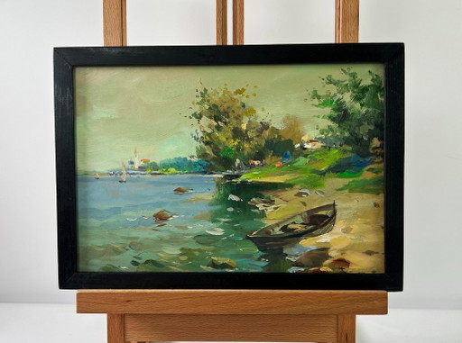 Original Oil Painting Summer Beach Landscape Boat near the shore
