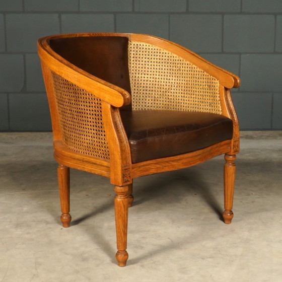 Image 1 of Vintage fauteuil – rotan – bruin leder – jaren 80
