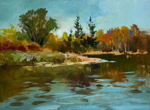 Pintura al óleo original Paisaje otoñal del río Salir a la naturaleza
