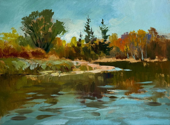 Image 1 of Origineel olieverfschilderij: Herfstlandschap aan een rivier, de natuur in.