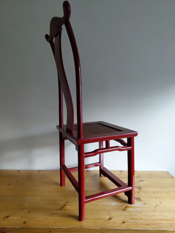 Set di 6 sedie asiatiche stile Ming laccate rosse, Sedie da pranzo, Rattan, Legno, Rosso (foto 4 di 10)