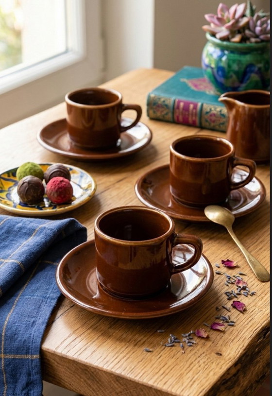 Image 1 of Set of 6 bistro cups and saucers, Apilco Deshoulières porcelain