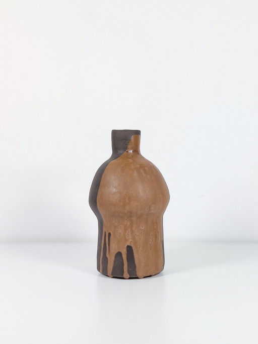 Vaso d'artista in ceramica vintage organica con smalto fluido, anni '80