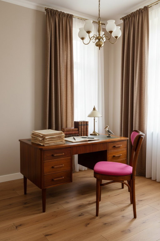 Sedia retrò in legno curvato in stile classico, rivestimento in lana fucsia, completamente ristrutturata, 1950