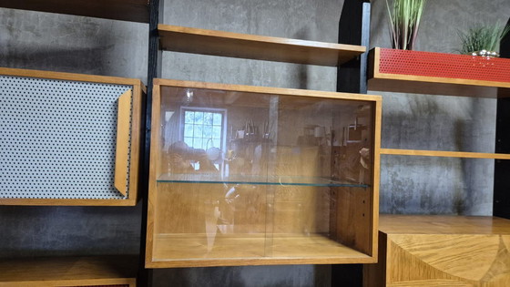 Image 1 of Vintage Czechoslovak Modular Wall Unit with Veneer Cabinets and Black Wooden Supports, 1960s–1970s