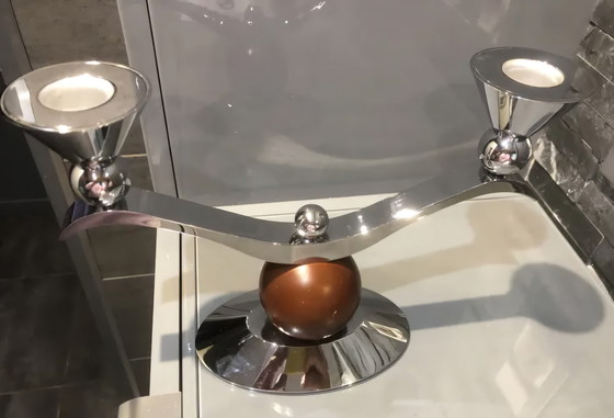 Image 1 of Art Deco Memphis Doppelter Kerzenständer aus Silbermetall und Holz