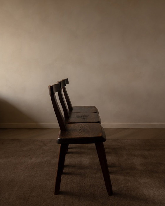 Image 1 of Set of 3 Vintage “T” Dining Chairs by Aranjou, France (c.1960s) – Stained Elm, Brutalist Sculptural