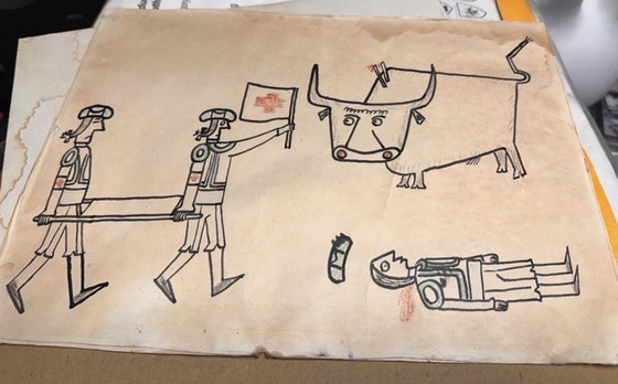 Image 1 of Vintage Mid-Century Tekening | Spaanse Stier & Matador | Outsider Art Gallery Wall
