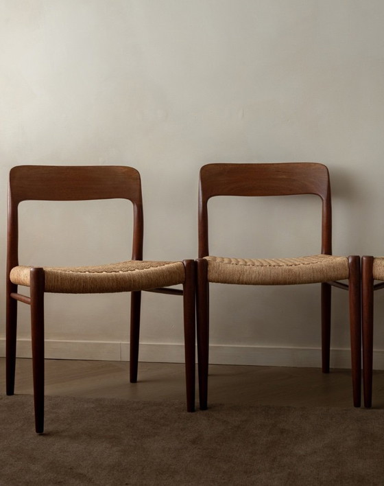 Image 1 of Vintage Danish Dining Chairs Model 75 by Niels Otto Møller for J.L. Møllers Møbelfabrik, Teak Paper Cord Chairs, 1950s, Set of 4