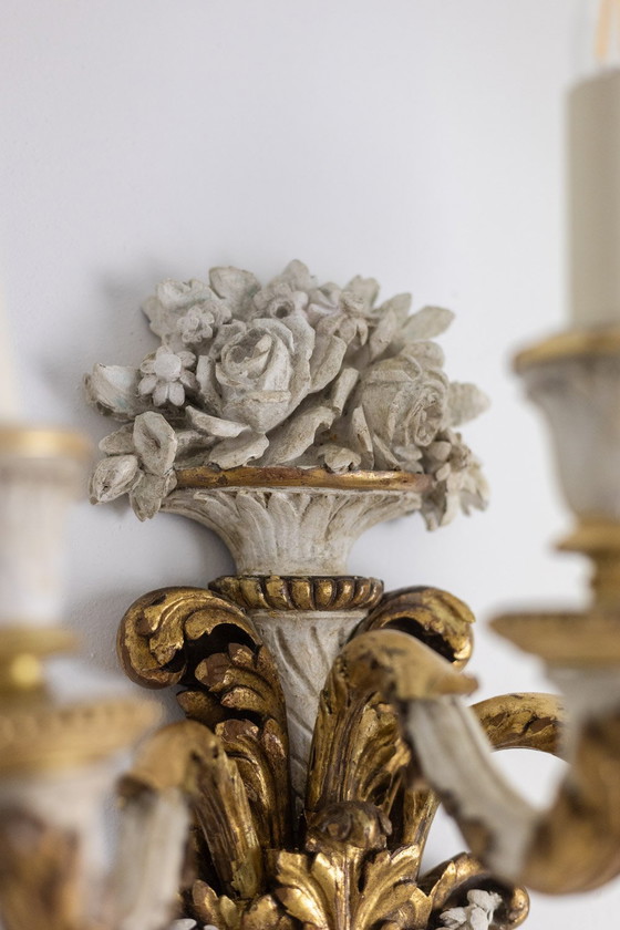 Image 1 of Pair of Louis XVI Style Wall Lights in Gilded and Lacquered Wood. Circa 1900.