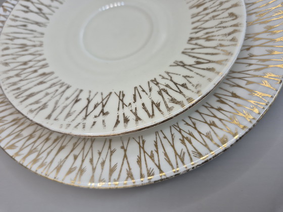 Image 1 of Trio da tè bavarese d'epoca - Piatto d'oro e floreale - Anni '50-'60
